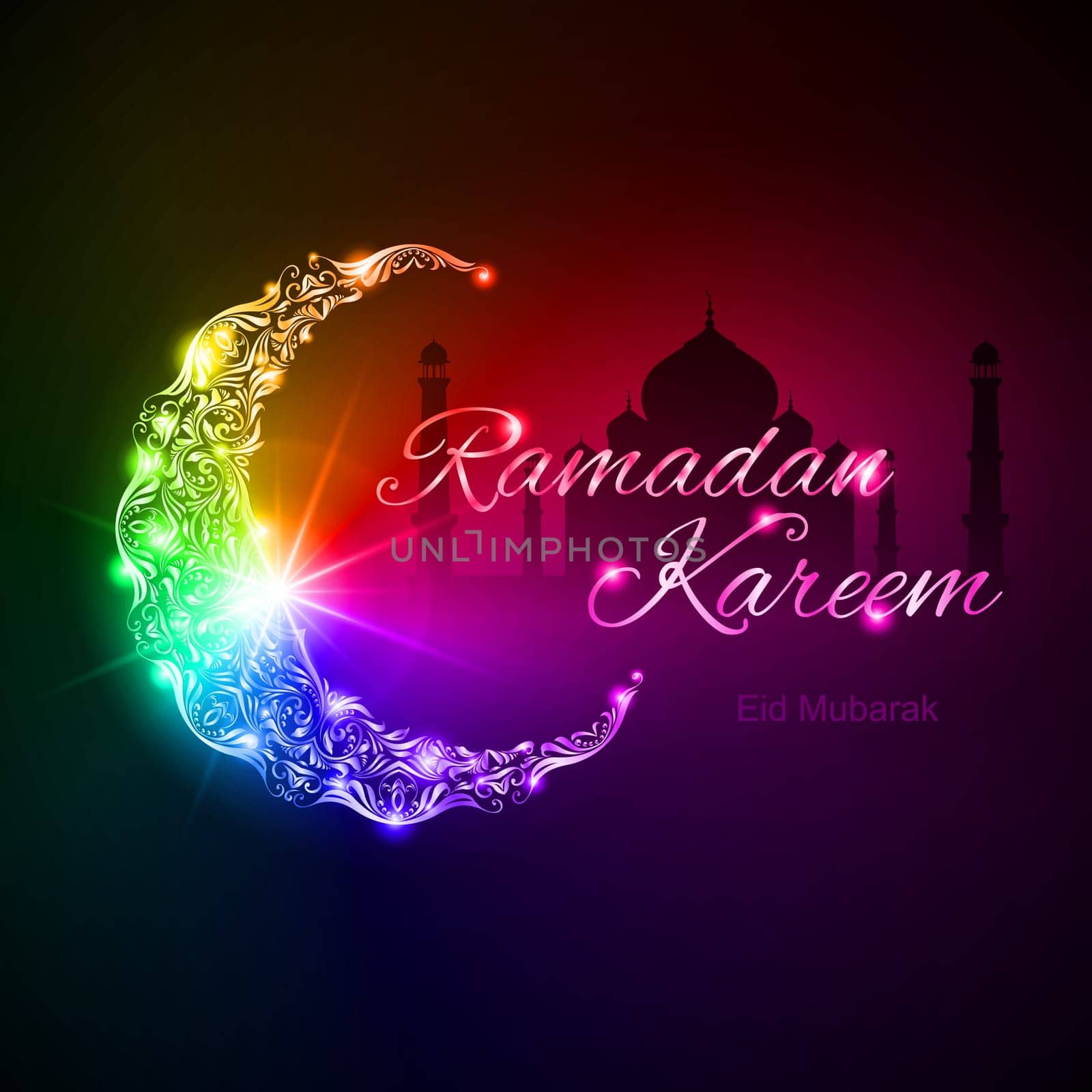 Colorful glowing ornate crescent with mosque and bright flare. Greeting card of holy Muslim month Ramadan