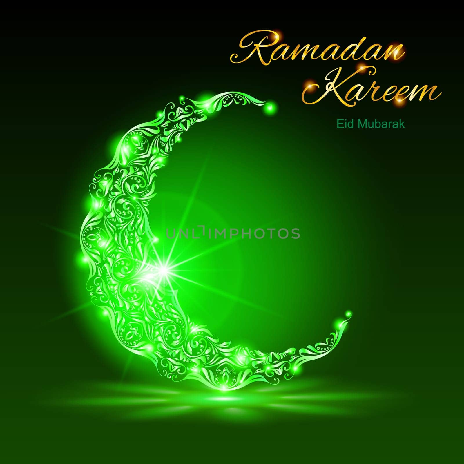 Glowing ornate crescent with bright flare and radiance in green shades. Greeting card of holy Muslim month Ramadan