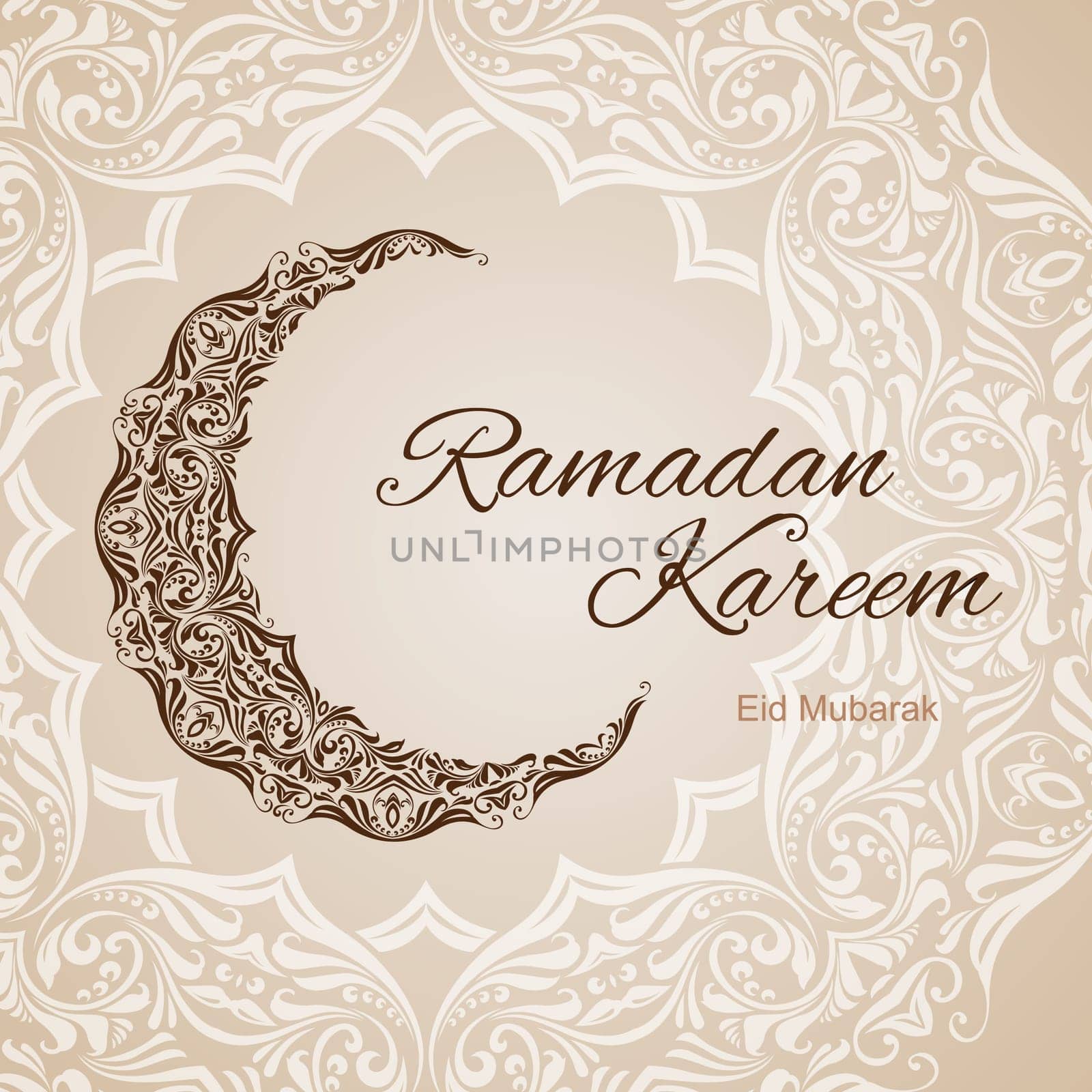 Brown ornate crescent on background of asian floral ornament. Illustration in pastel shades. Greeting card of holy Muslim month Ramadan