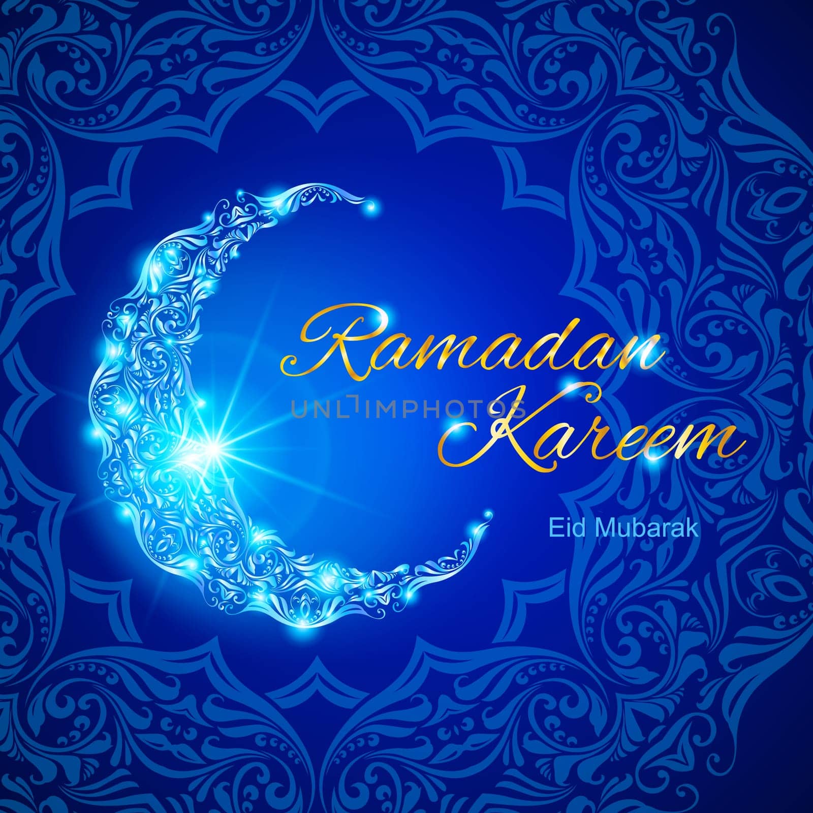 Glowing ornate crescent with bright flare and asian floral ornament in background. Illustration in blue shades. Greeting card of holy Muslim month Ramadan