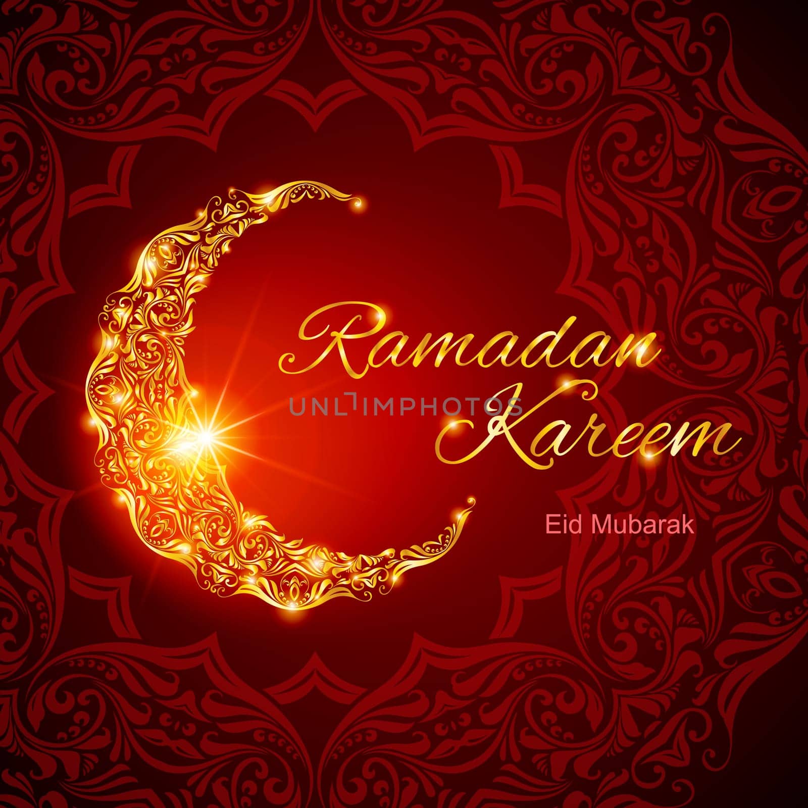 Glowing ornate crescent with bright flare and asian floral ornament in background. Illustration in red shades. Greeting card of holy Muslim month Ramadan