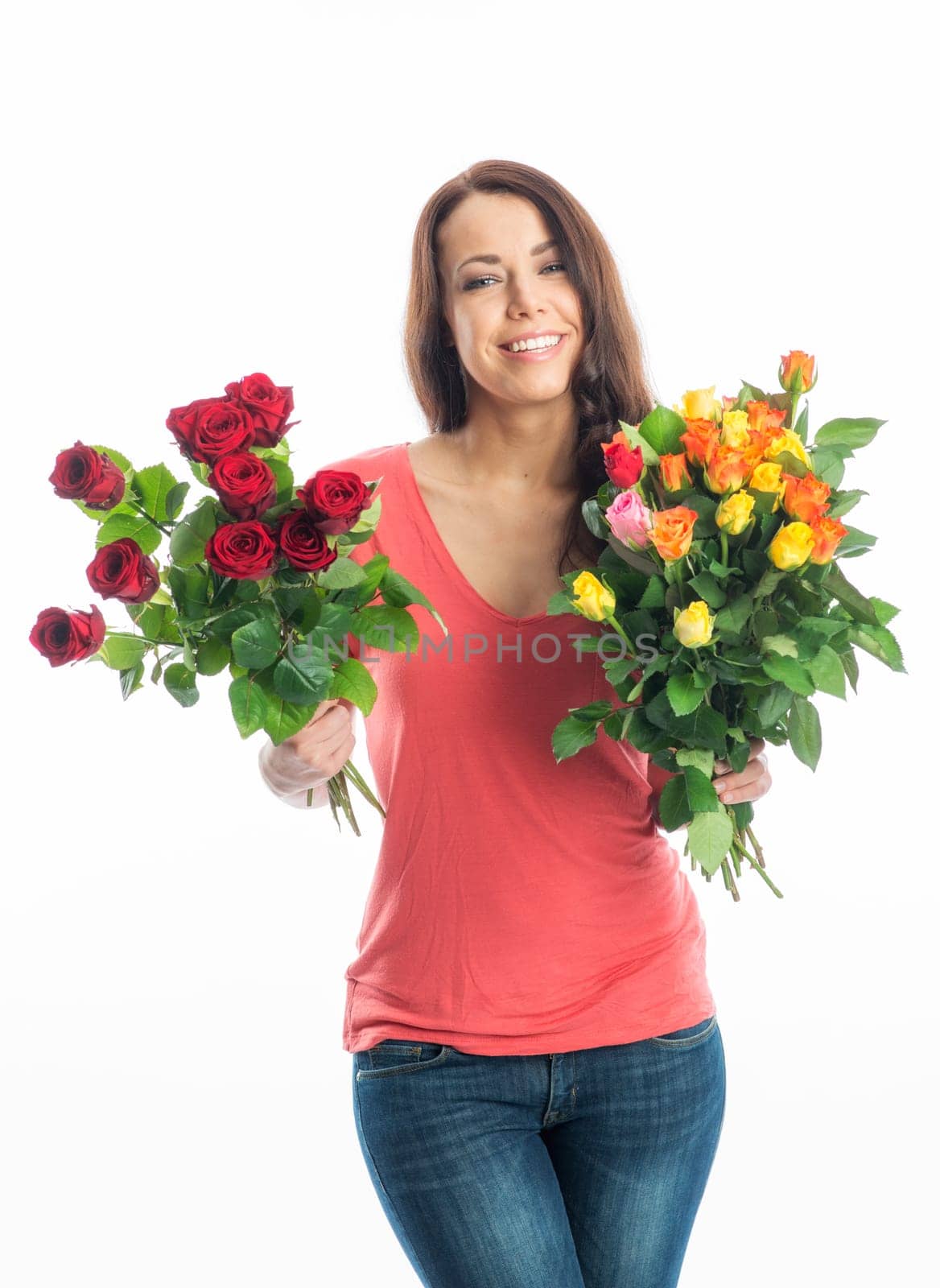 Young woman with bouquets of roses