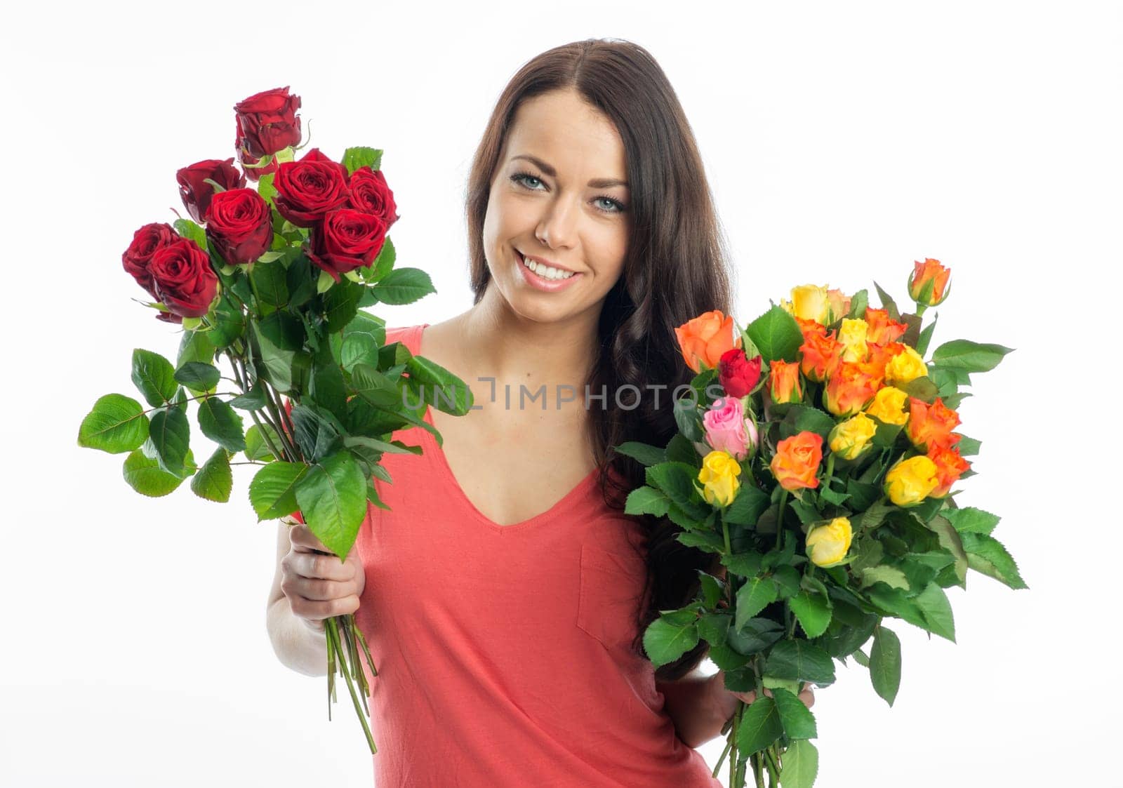 Young woman with bouquets of roses