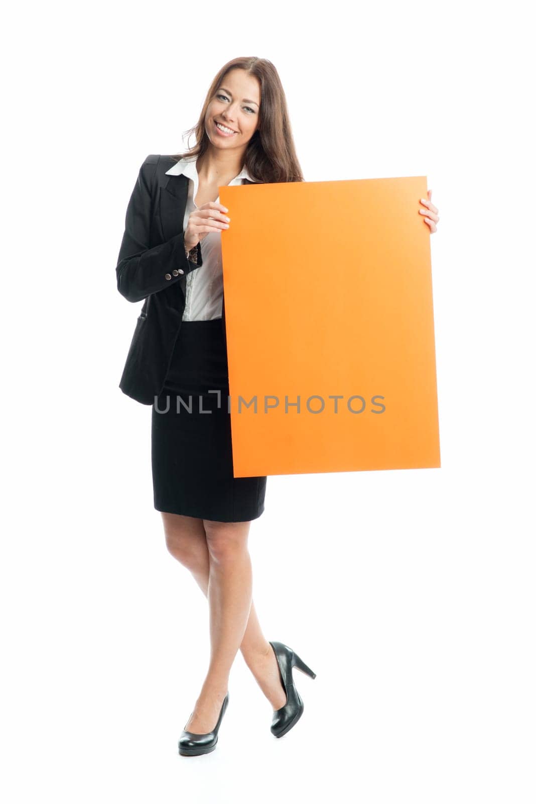 Young businesswoman holds an advertising sign