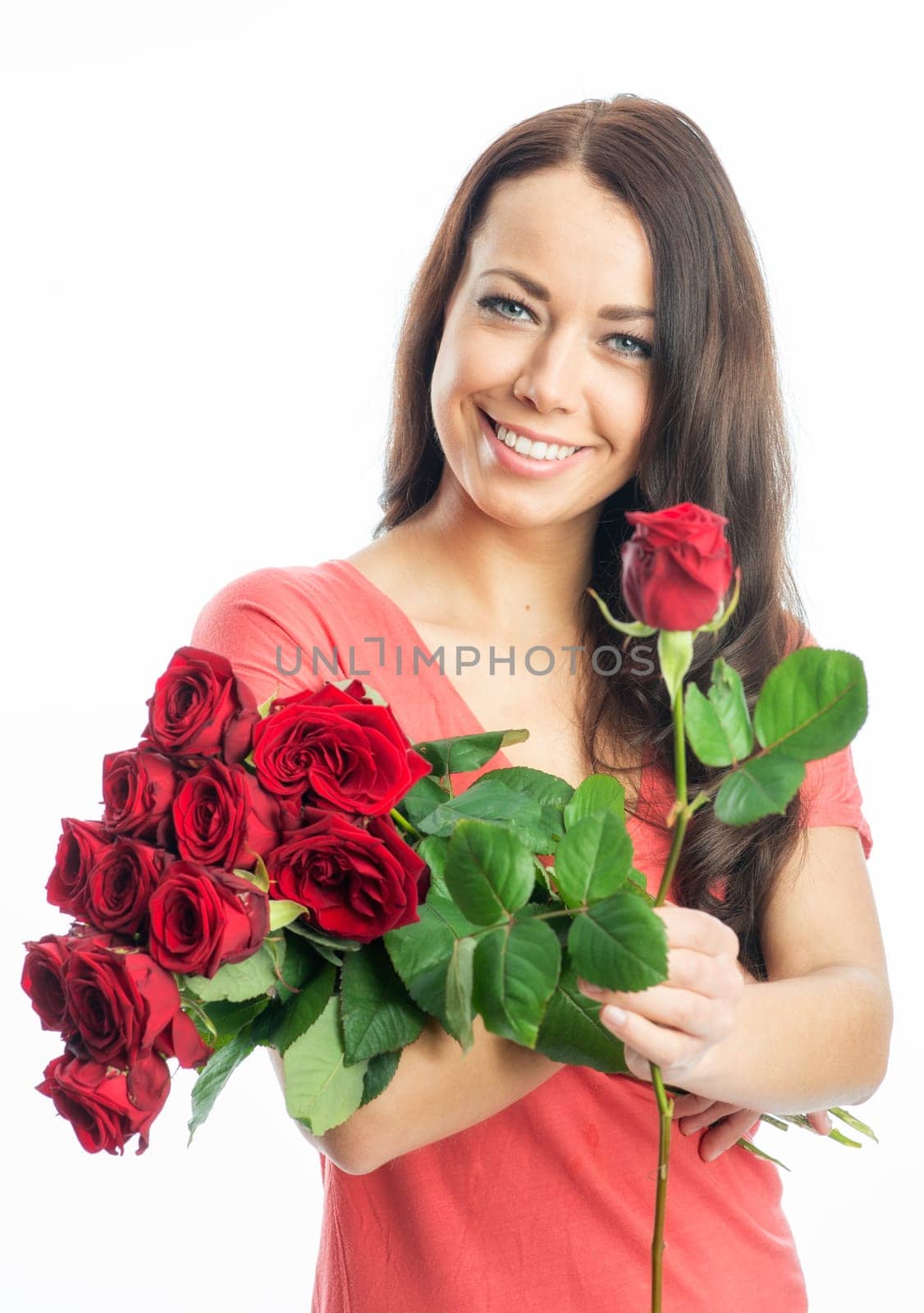 Young woman with bouquets of roses