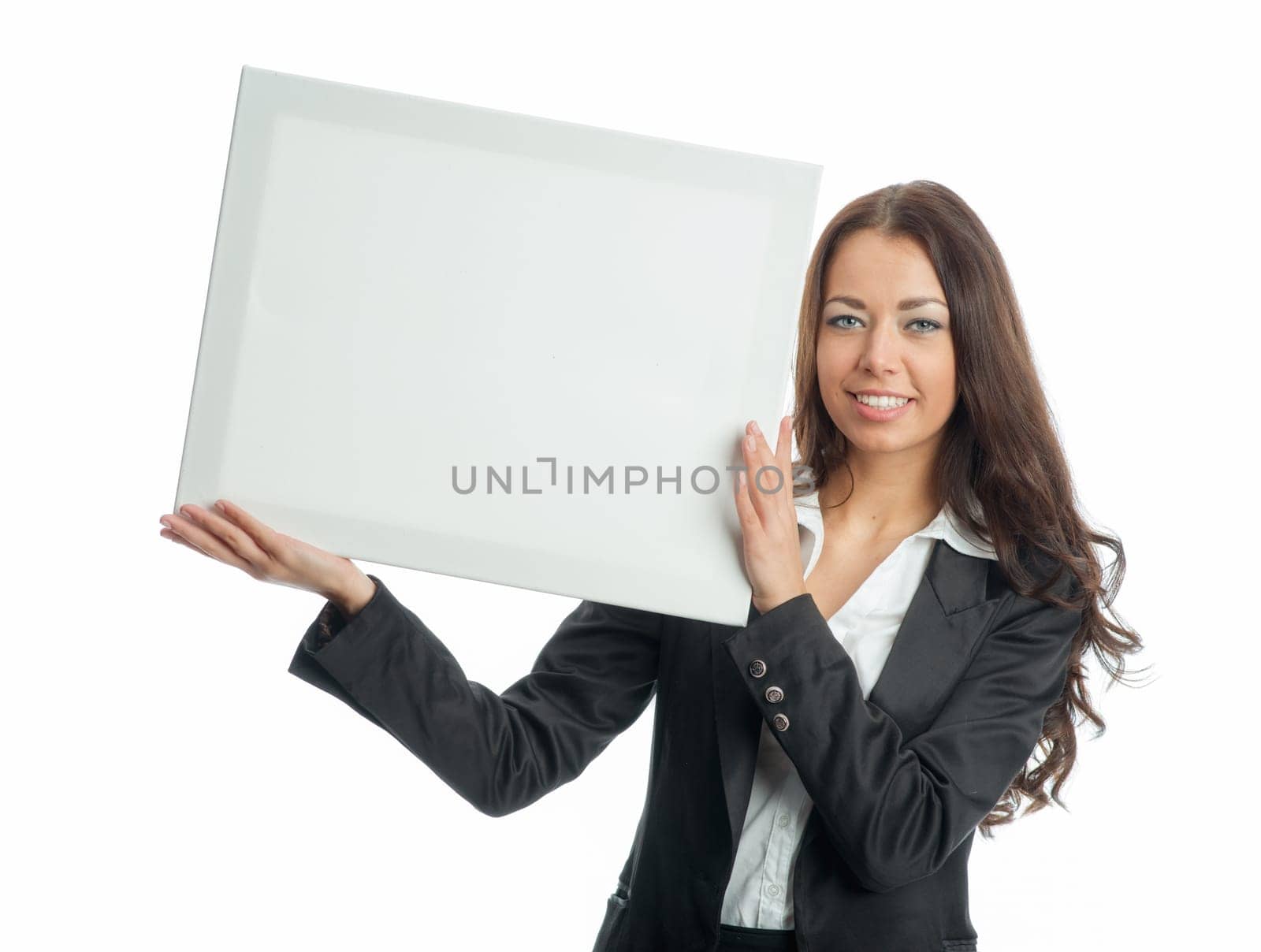 Businesswoman holds advertising poster