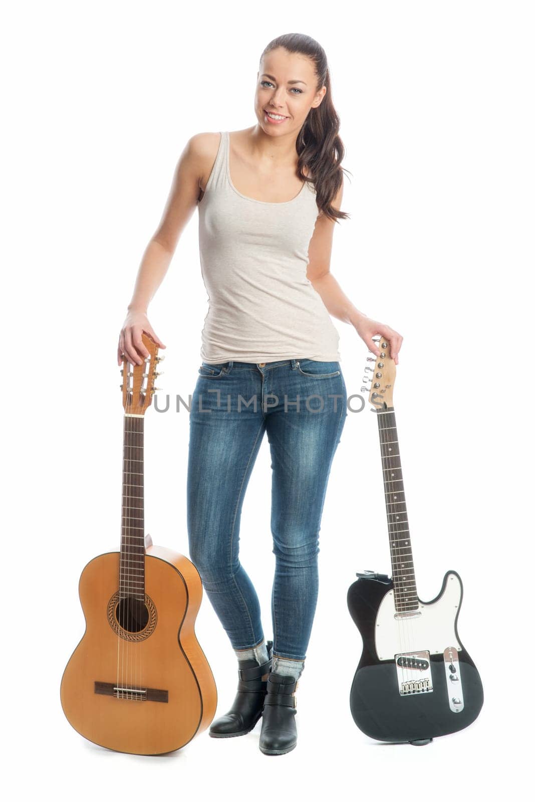 Girl with electric guitar and acoustic guitar