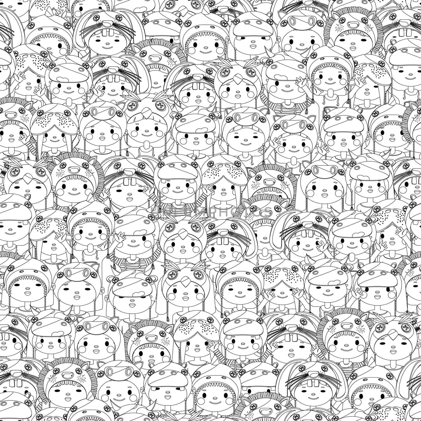 Crowd of happy children seamless pattern in black and white