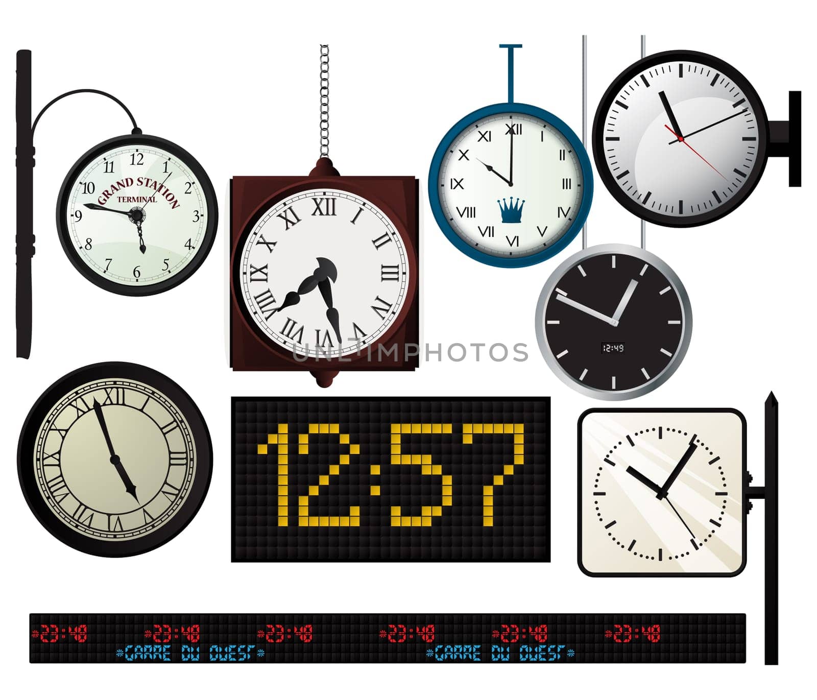 Train, metro station,  watches collection over white background