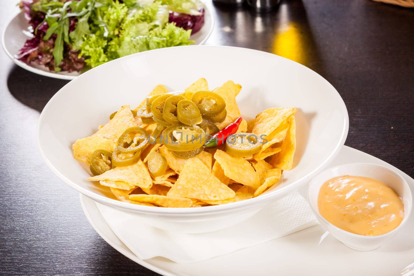 Bowl with nachos tortillas with pepperoni and fresh tomato salsa in a plate