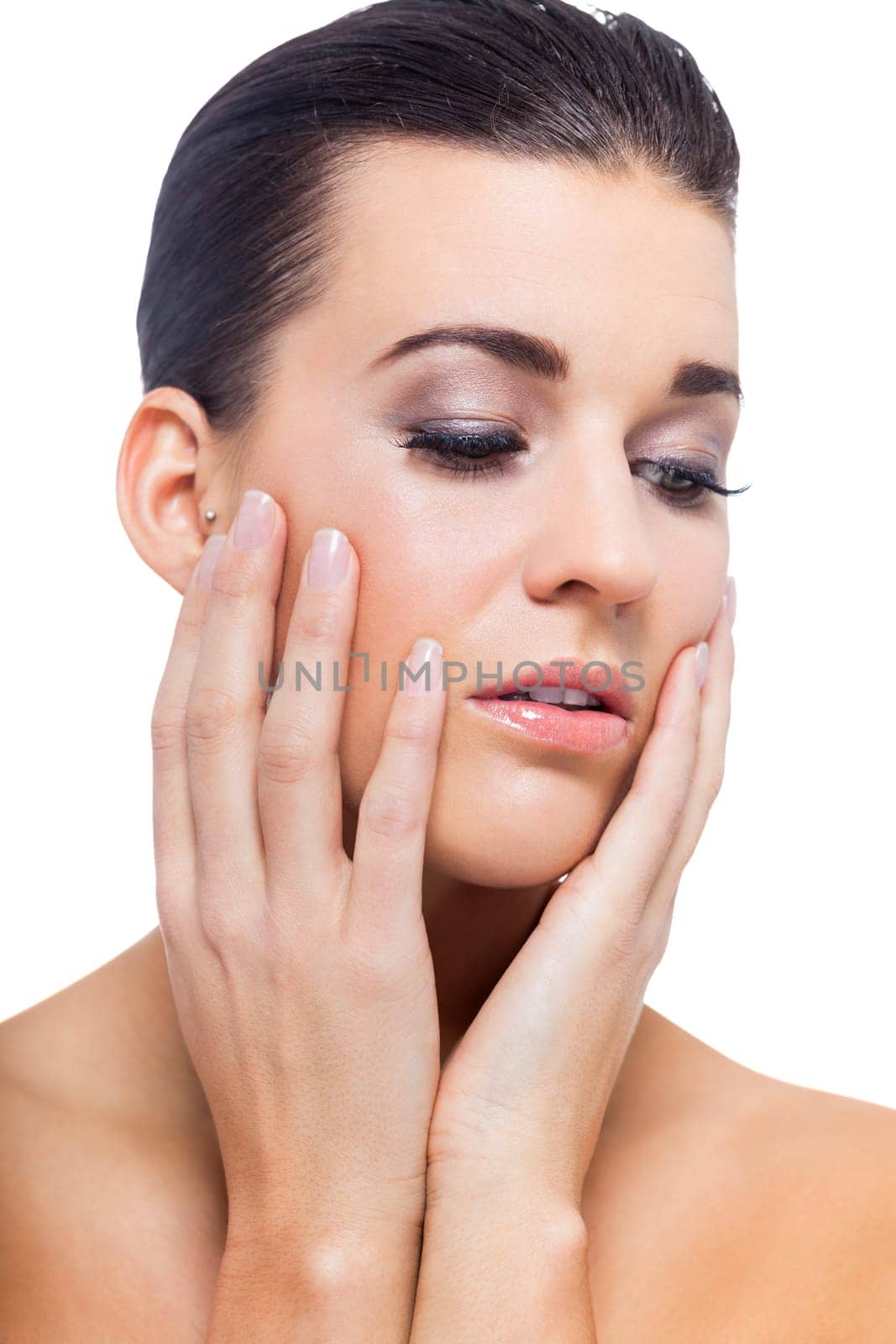 natural beautiful young woman with pure skin and dark hair isolated portrait cosmetic makeup care