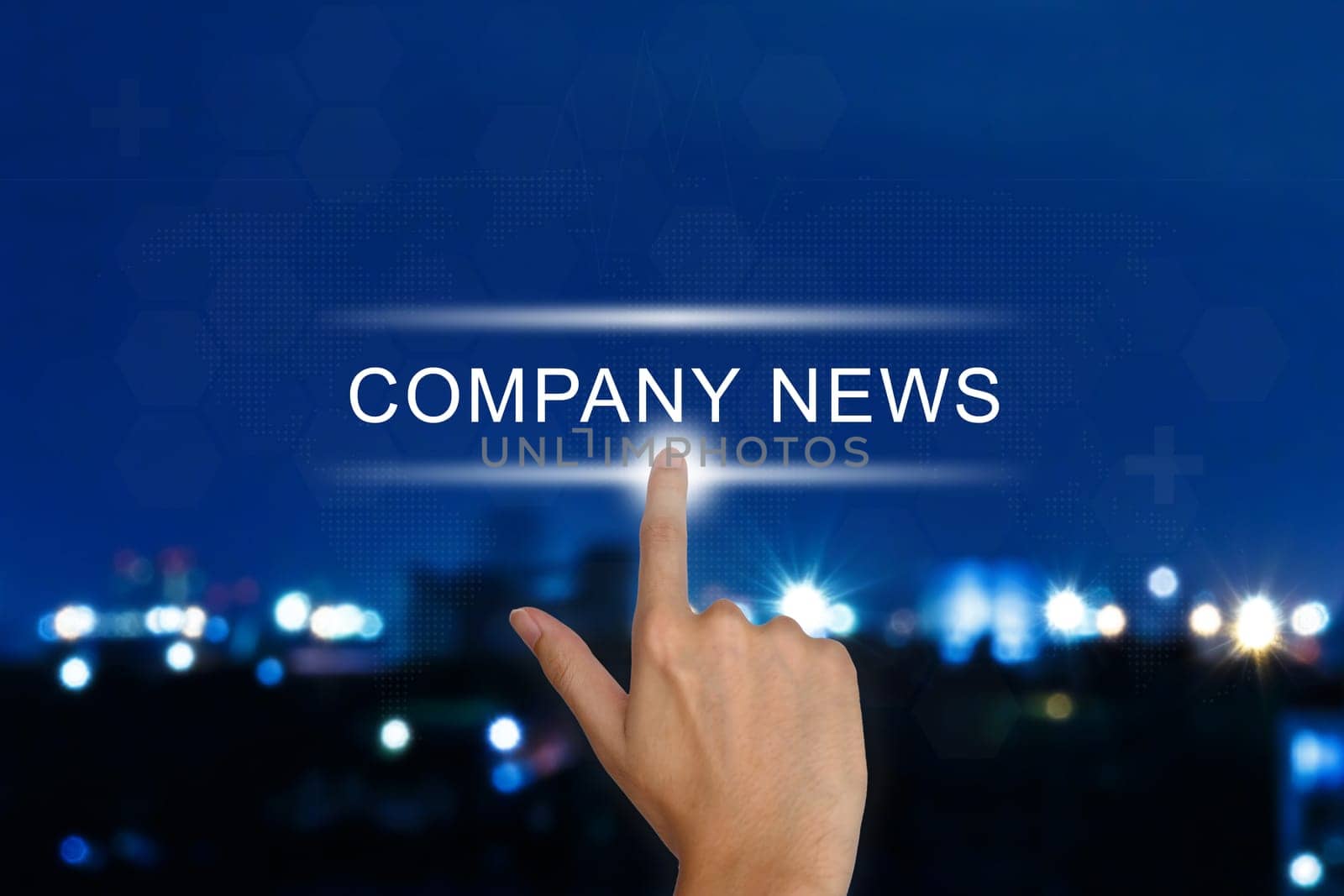 hand clicking company news button on a touch screen interface