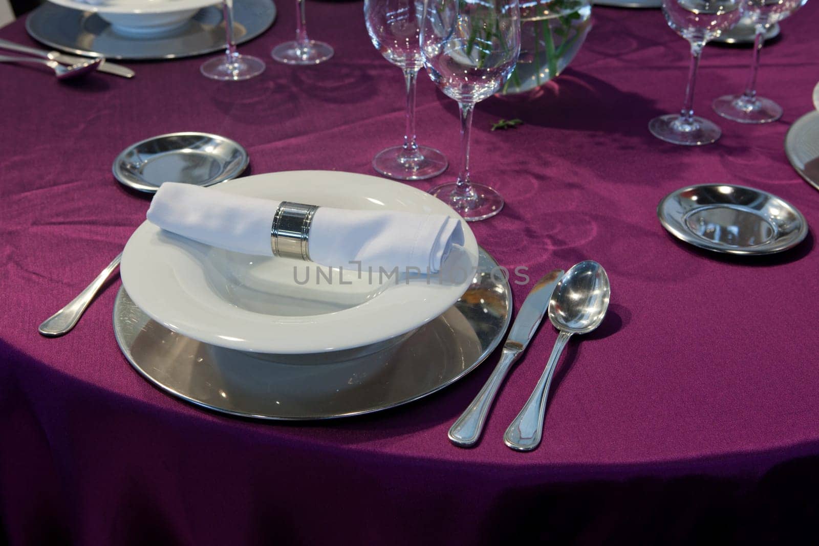 Long lunch table at restaurant, ready to serve,Spain
