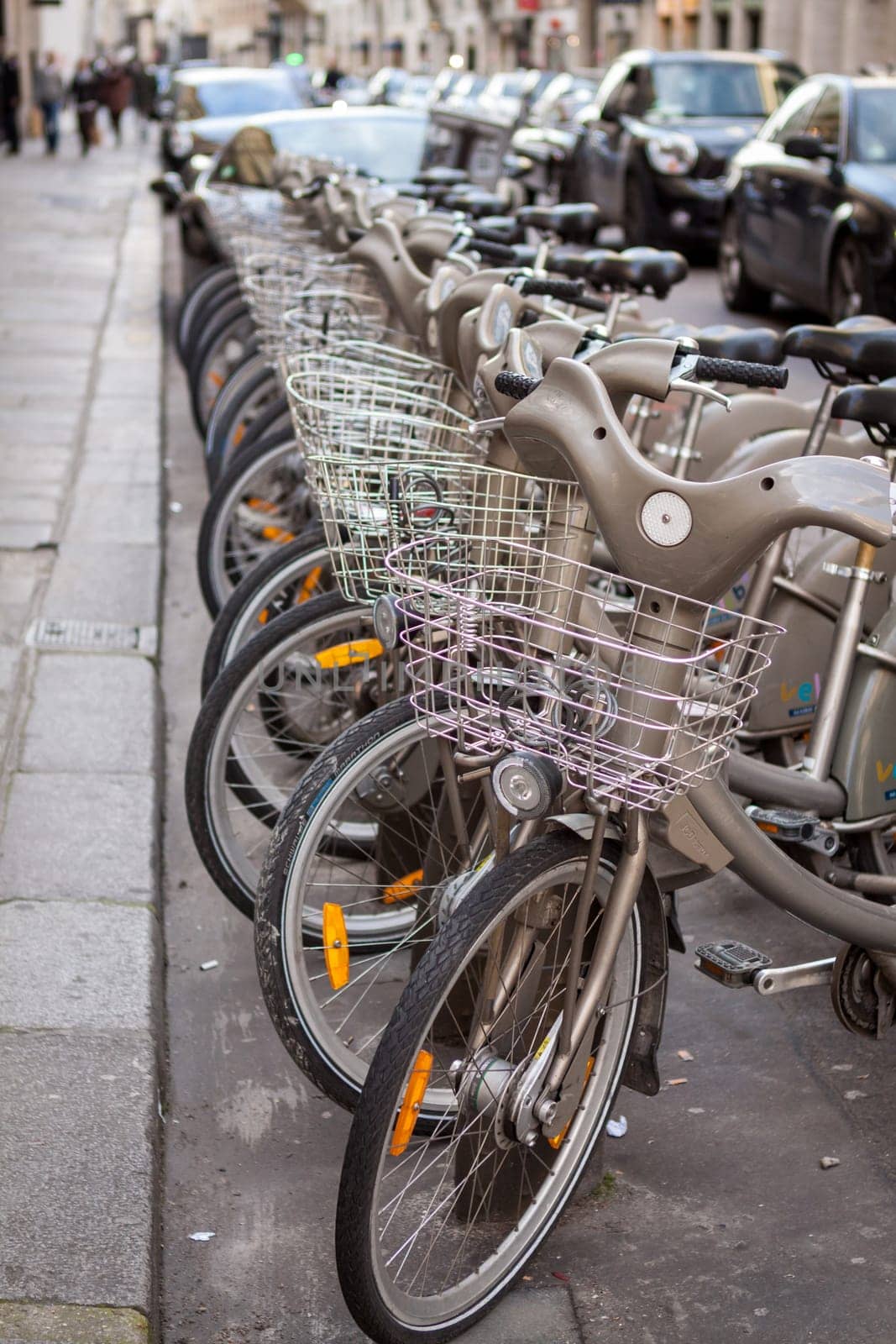 Bicycles for rent at a station in a big city