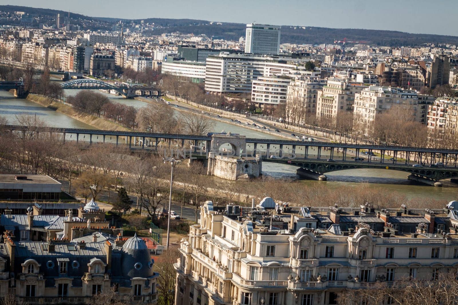 Skyline of Paris with cityscape on the Saine with blue sky in summer