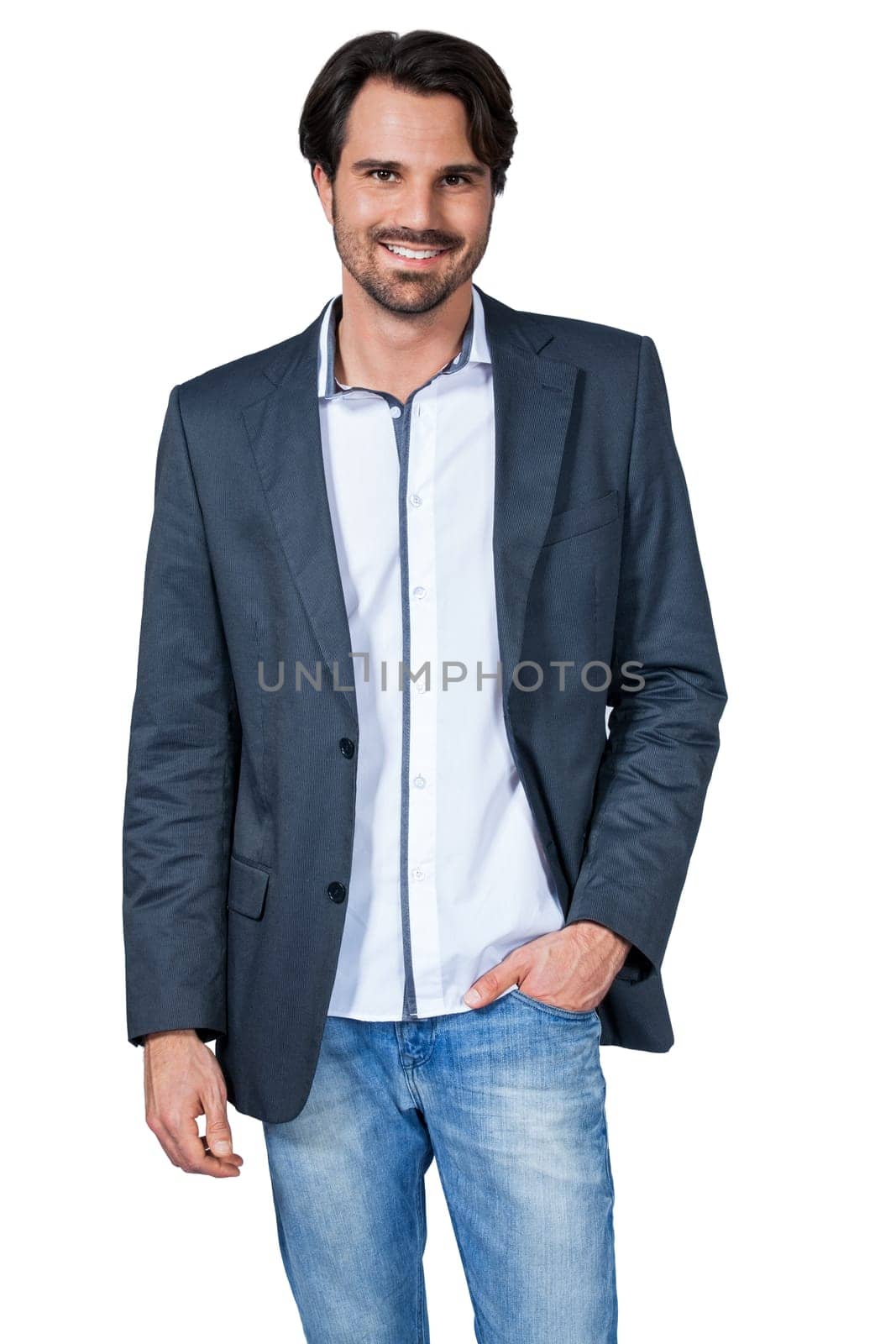 Self-proclaimed man in casual clothes with dark hair and beard isolated against a white background