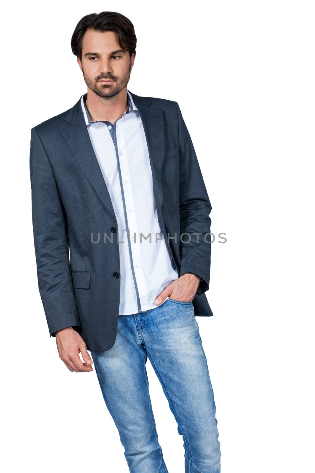 Self-proclaimed man in casual clothes with dark hair and beard isolated against a white background