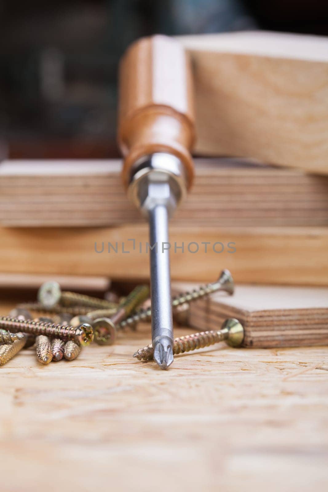 Close-up of a cross screwdriver with screws in wood while DIY in a workshop