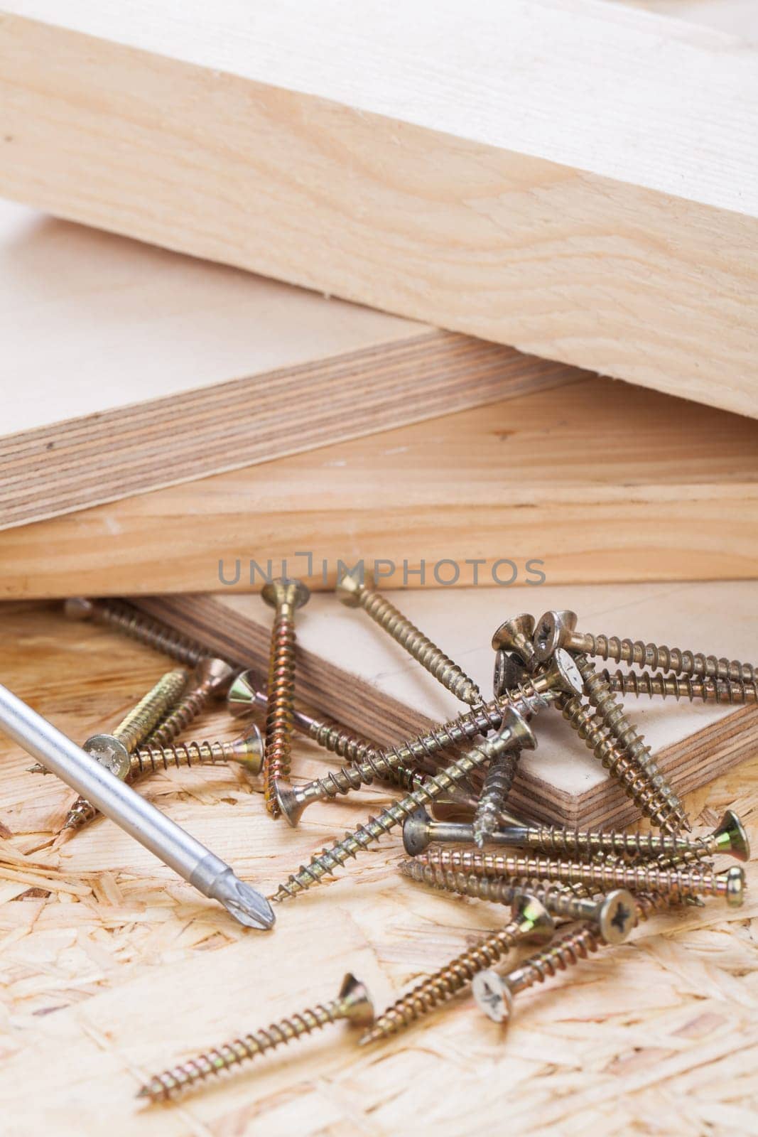 Close-up of a cross screwdriver with screws in wood while DIY in a workshop