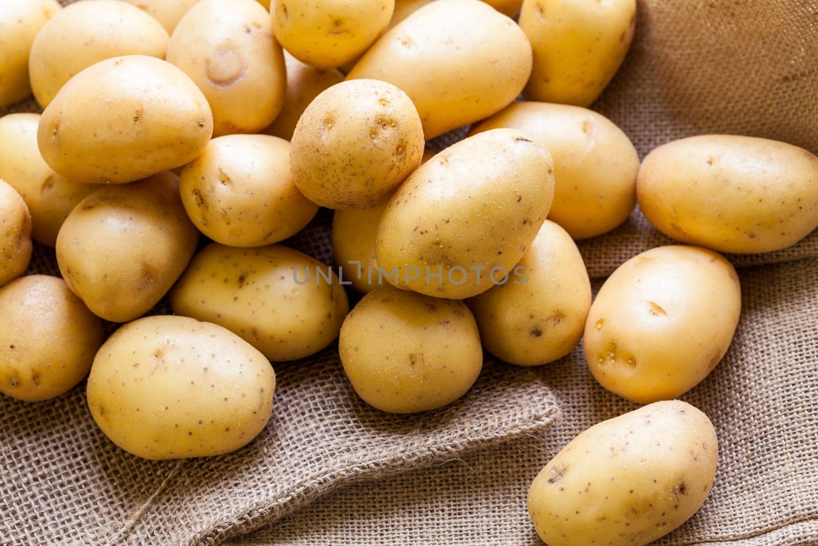 Fresh new potatoes on a jute sack with a green background as a close-up
