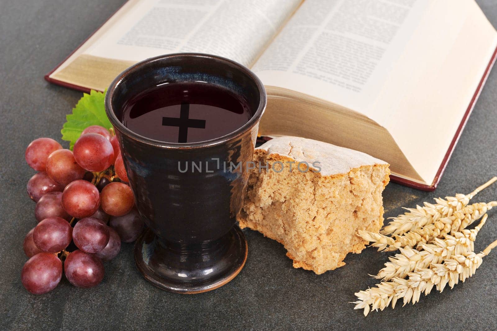 Bread,wine and the Bible for the sacrament or communion