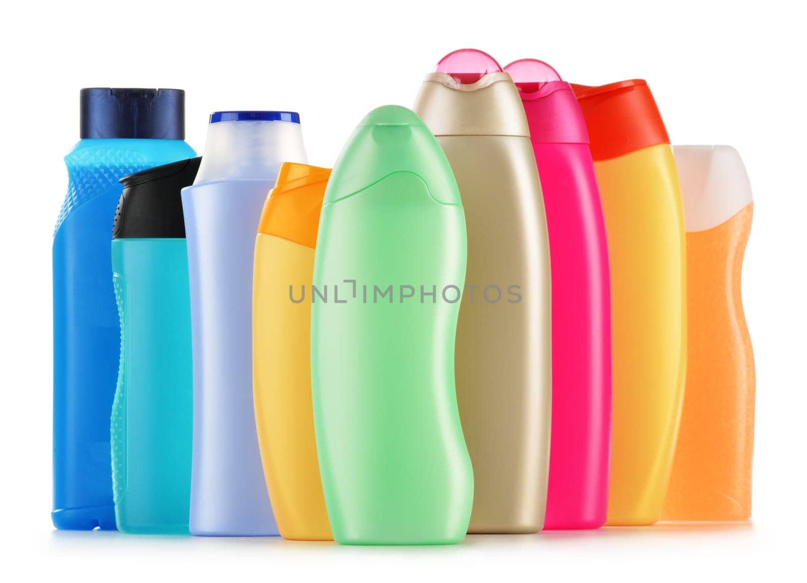 Composition with plastic bottles of body care and beauty products