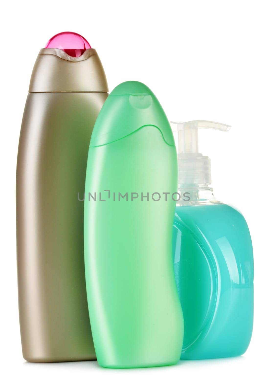 Composition with plastic bottles of body care and beauty products