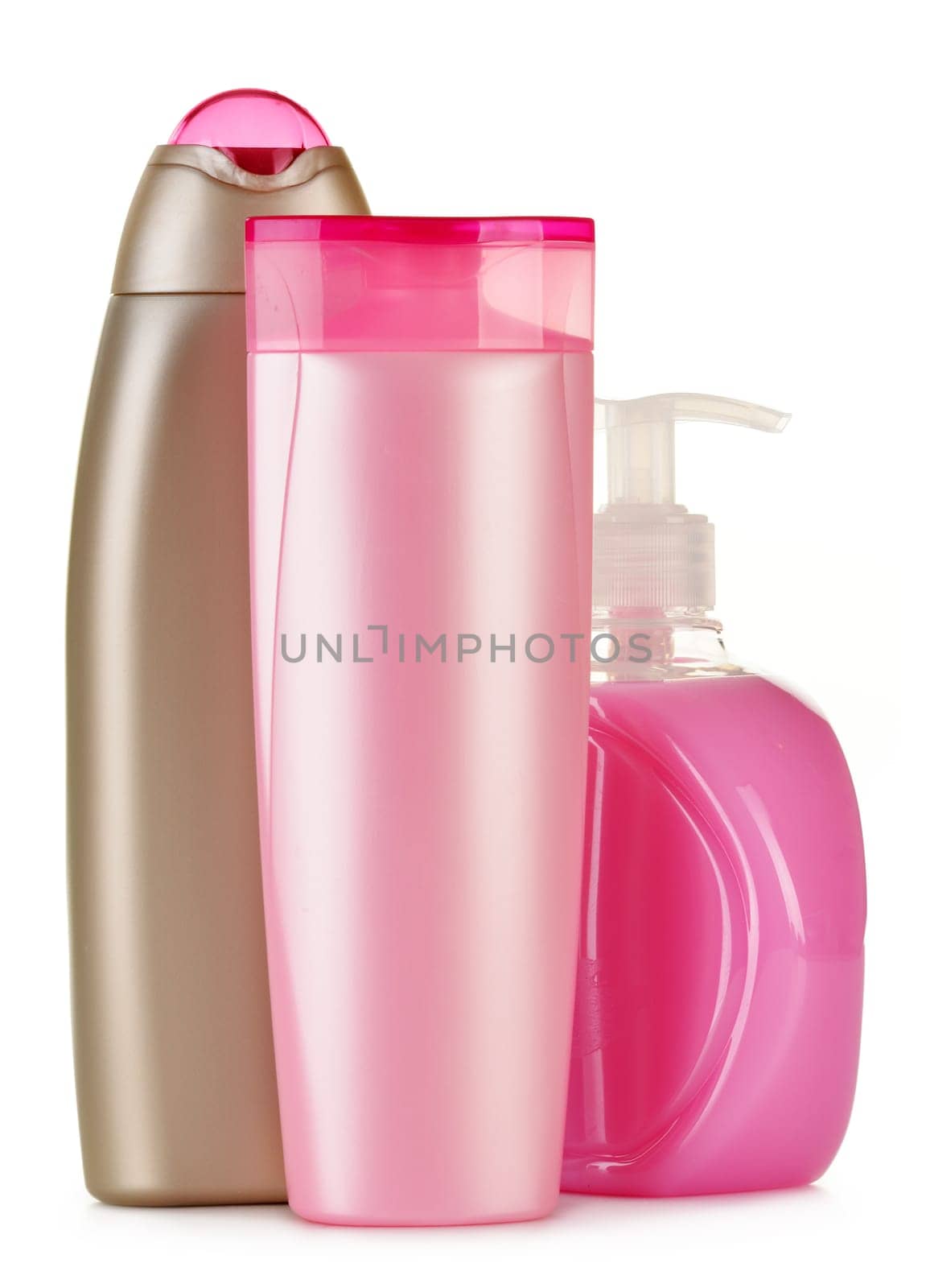 Composition with plastic bottles of body care and beauty products