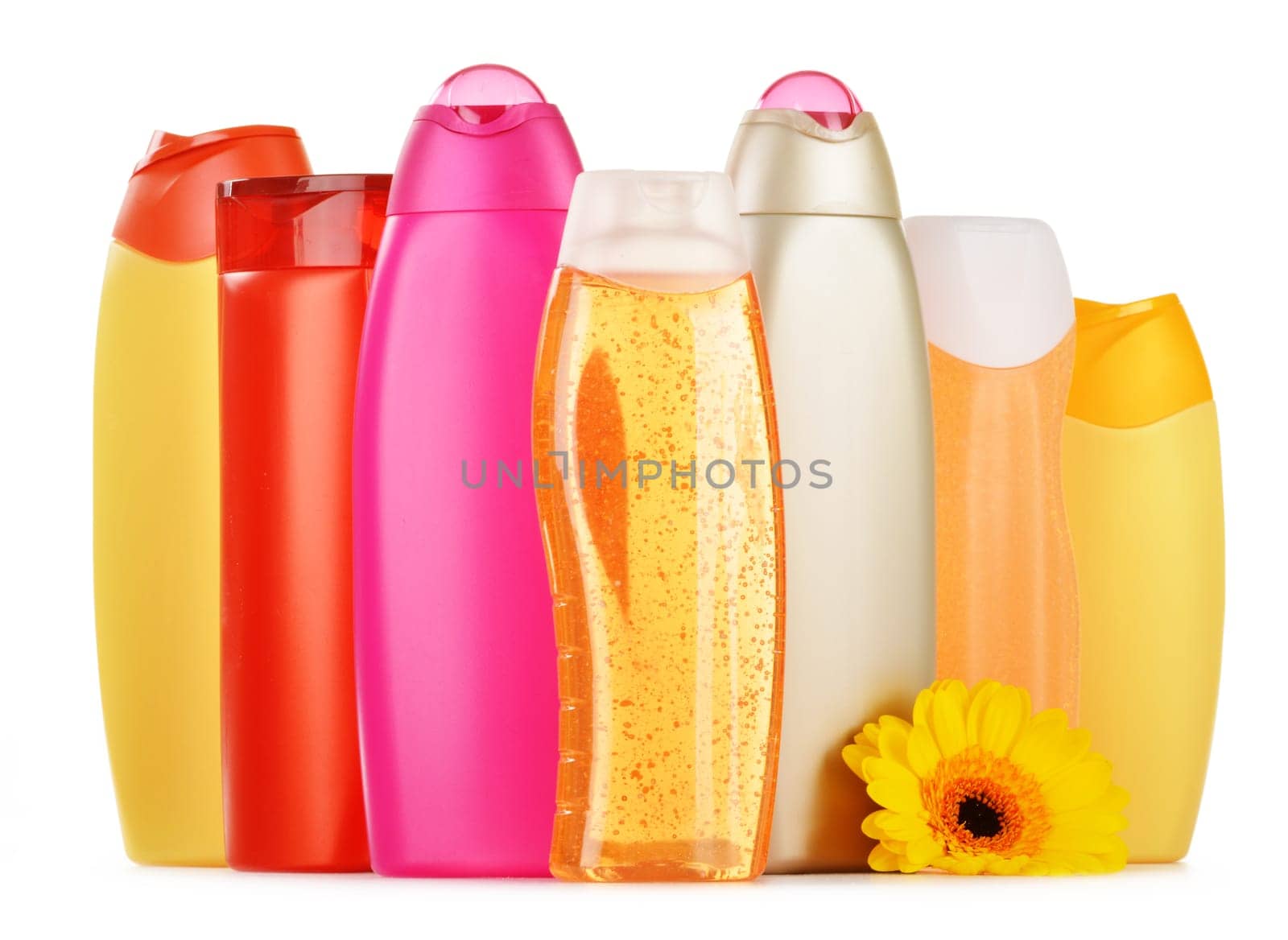 Composition with plastic bottles of body care and beauty products