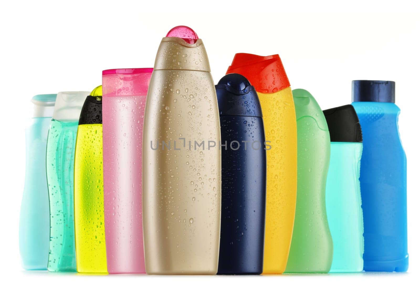 Composition with plastic bottles of body care and beauty products