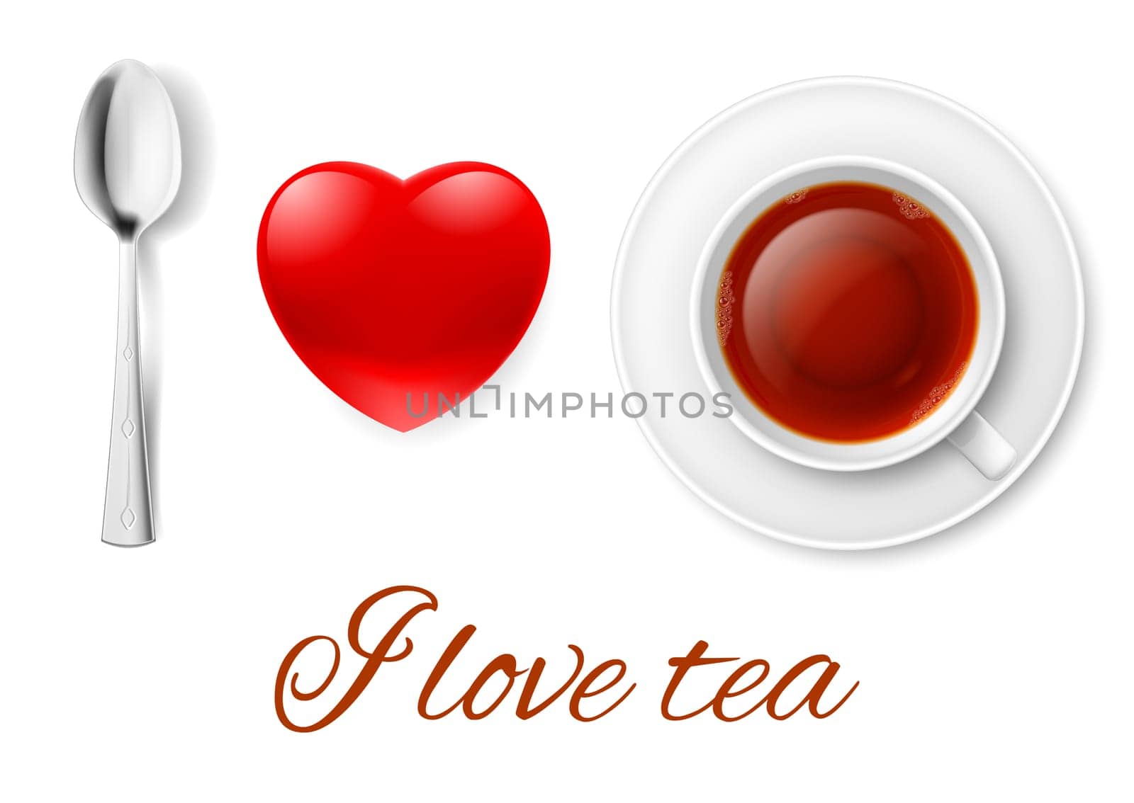 I love tea message with spoon and cup of black tea