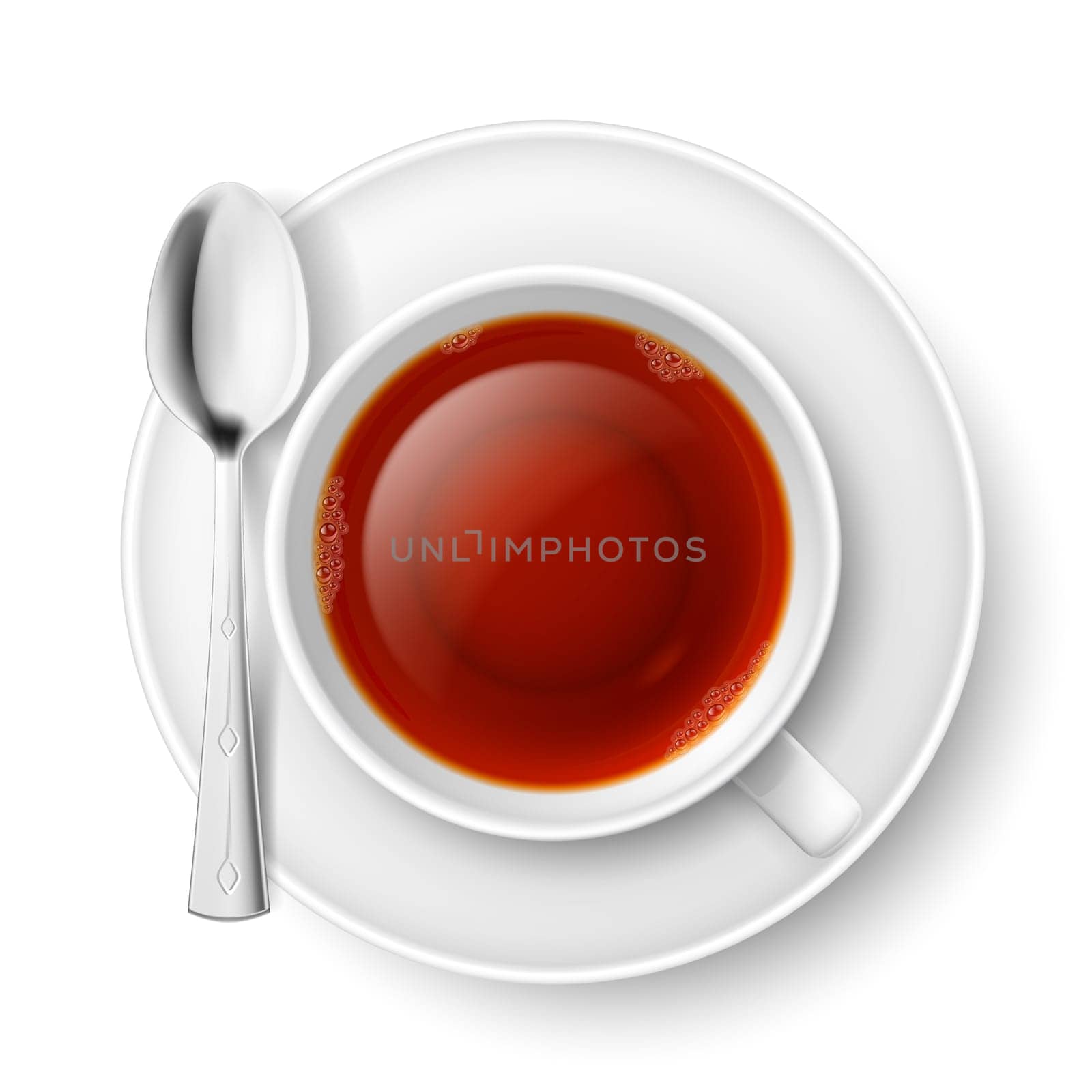 Cup of black tea with spoon over white background