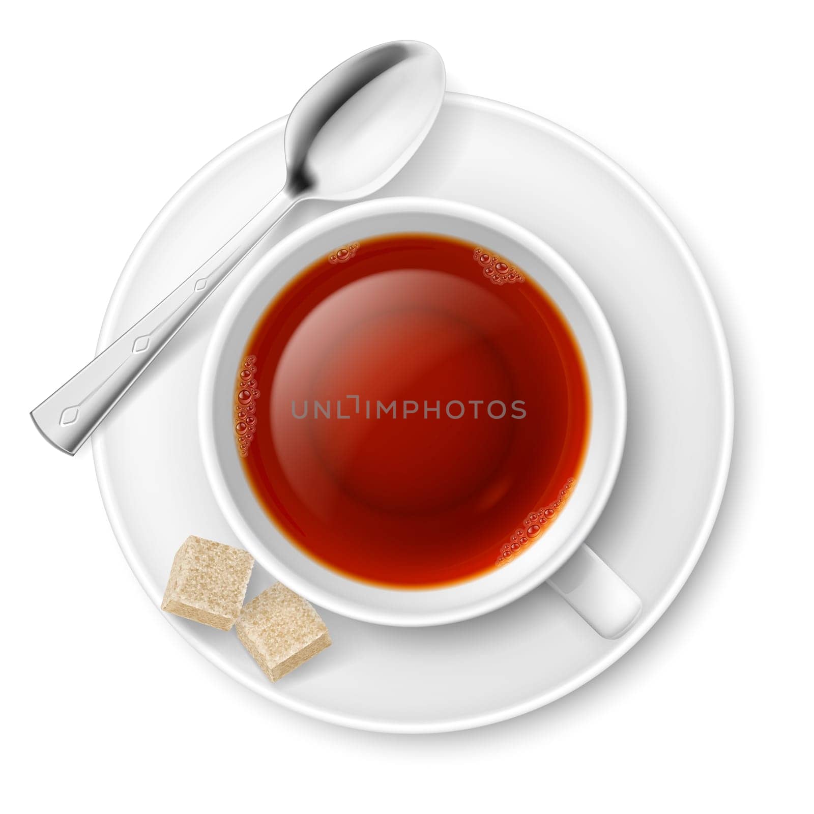 Cup of black tea with spoon and brown lump sugar