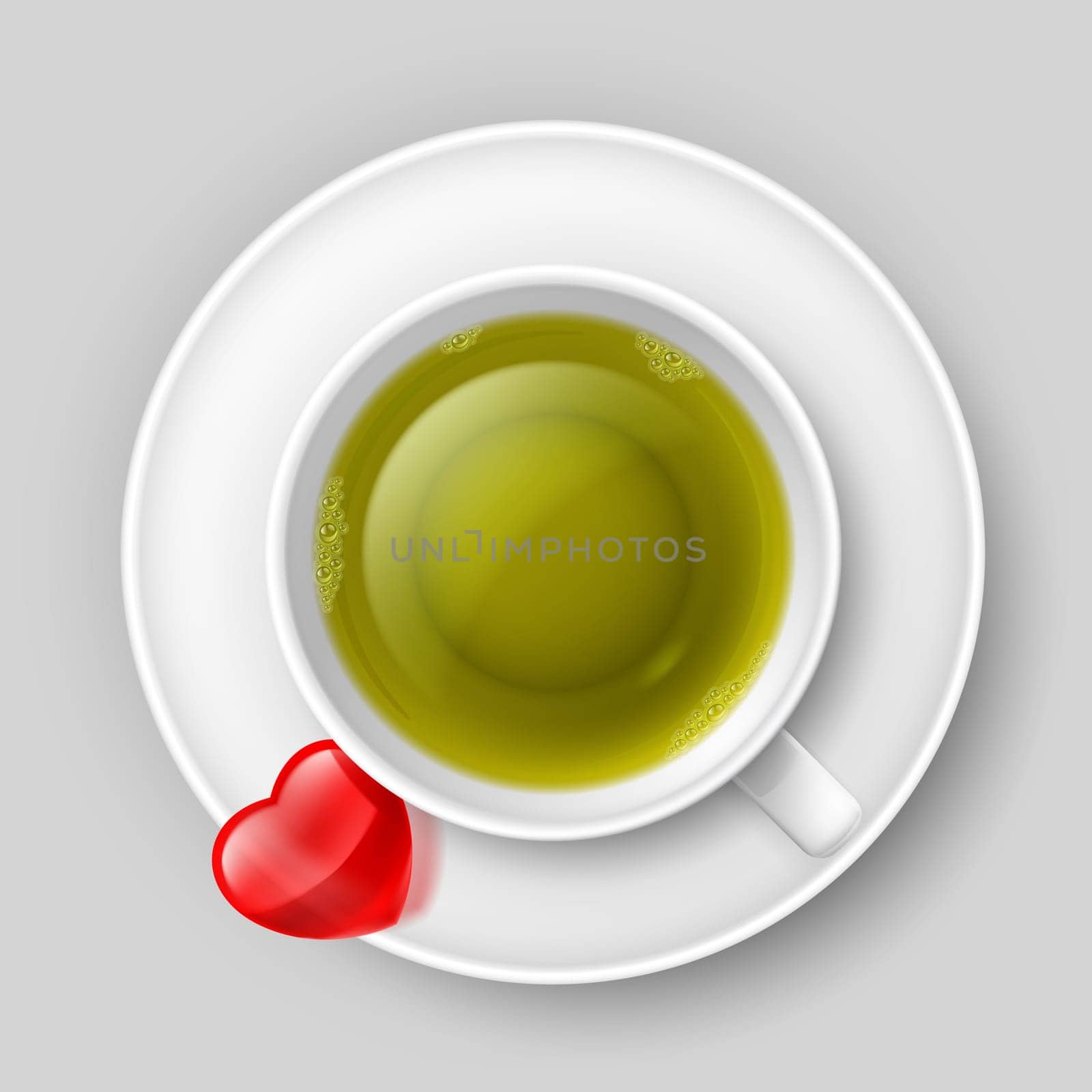 Cup of green tea with red heart on saucer. Top view