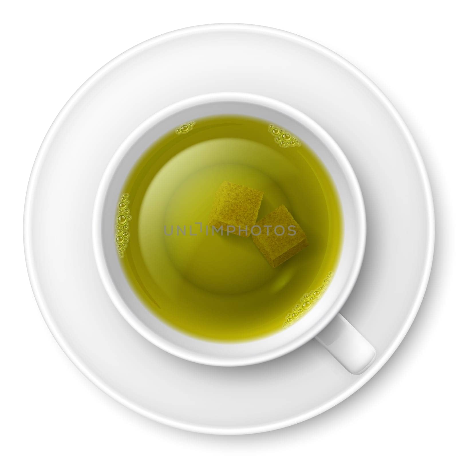 Cup of green tea with brown lump sugar