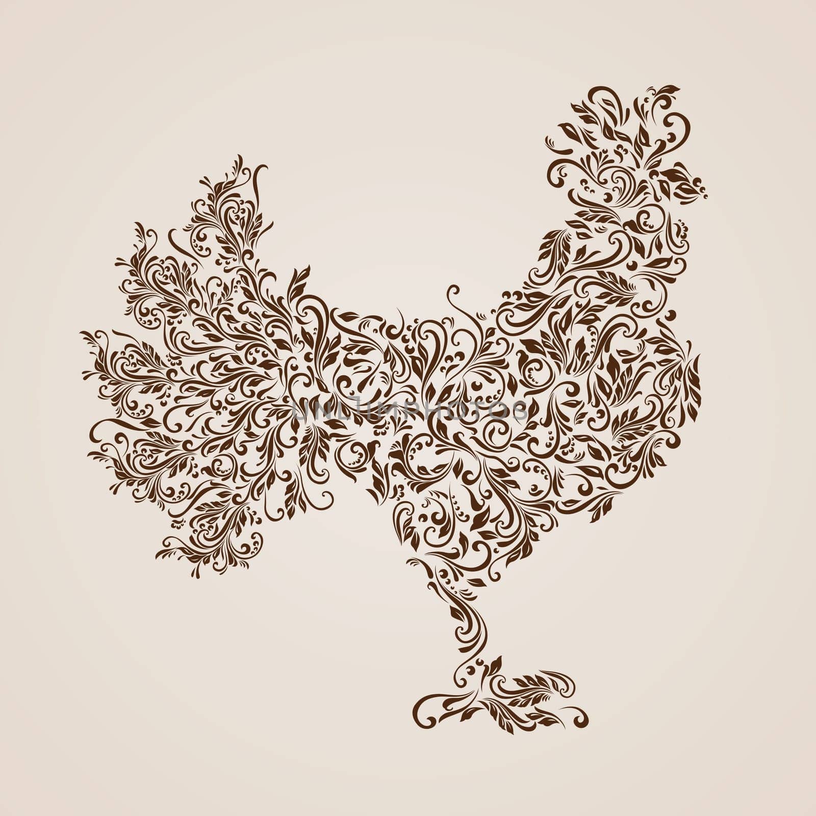 Floral pattern of vines in the shape of a cock on a beige background