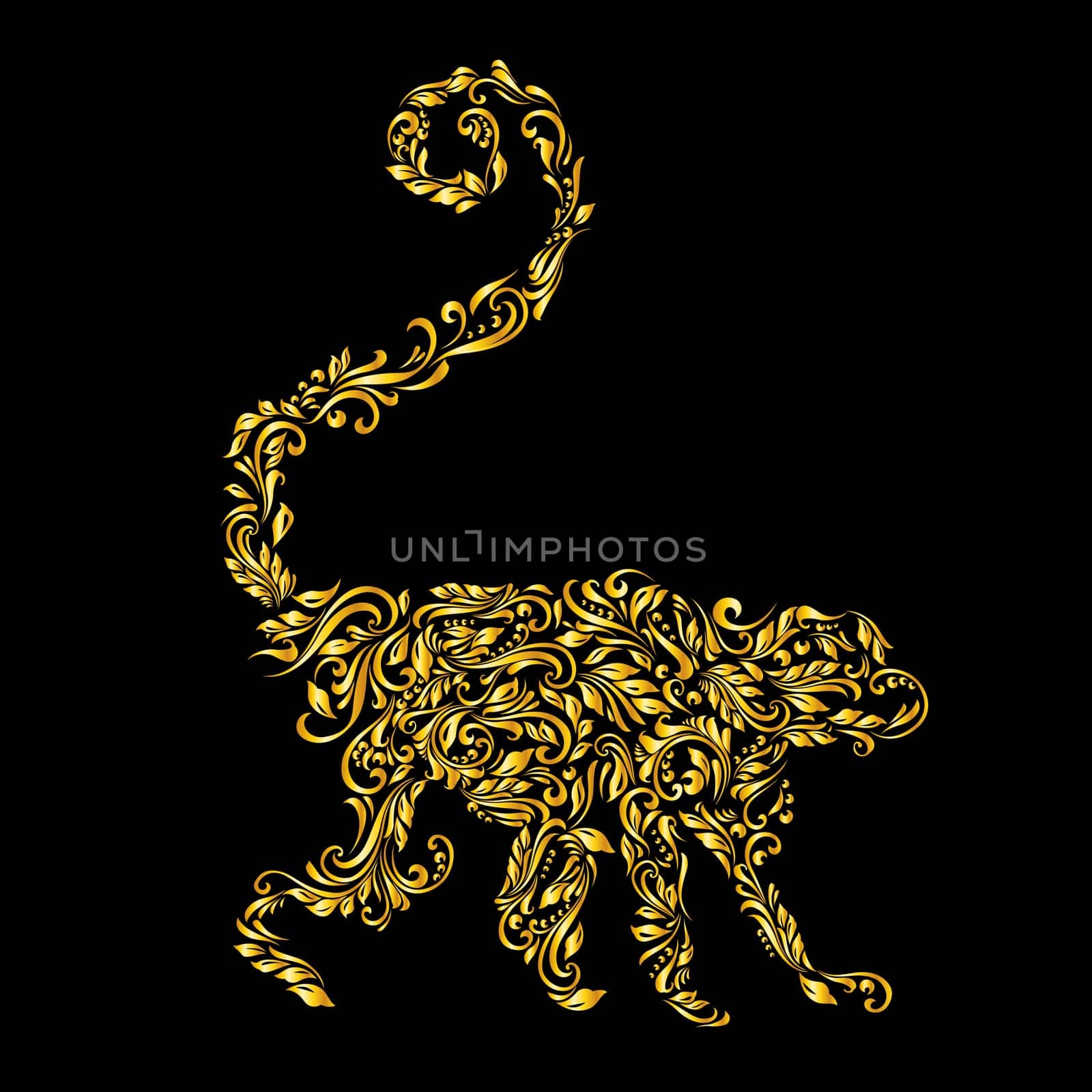 Floral gold pattern of vines in the shape of a monkey on a black background