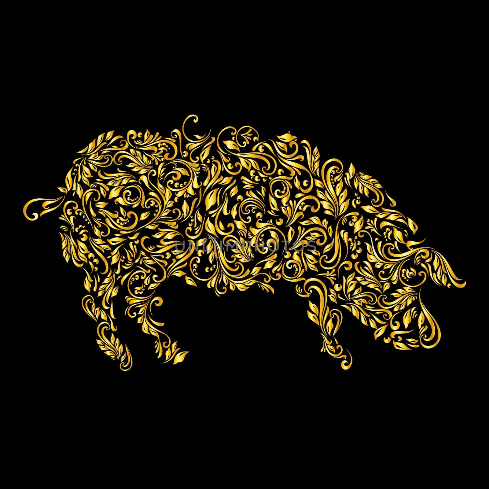 Floral gold pattern of vines in the shape of a pig on a black background