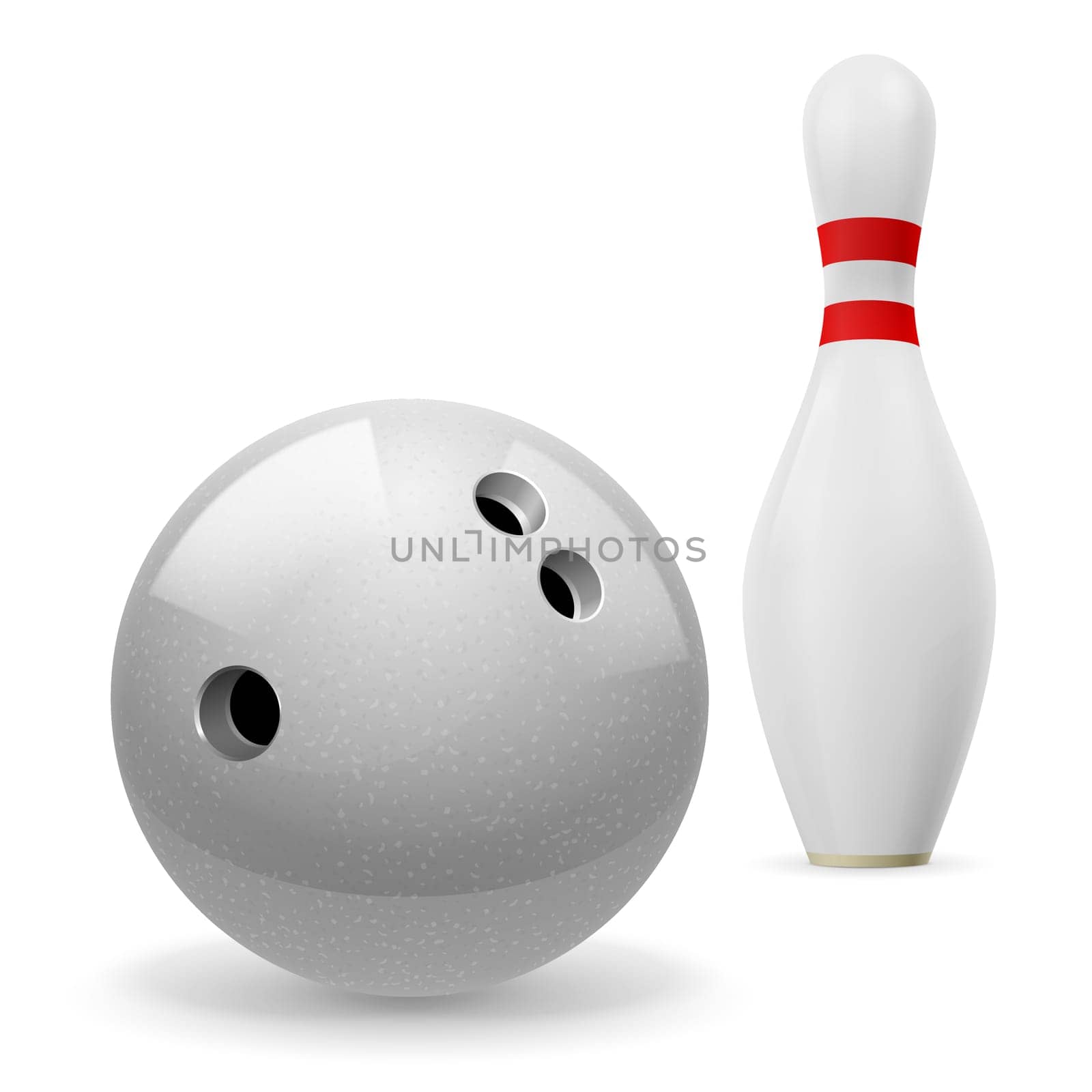 Bowling ball with holes in front of white skittle with red stripes on a white background