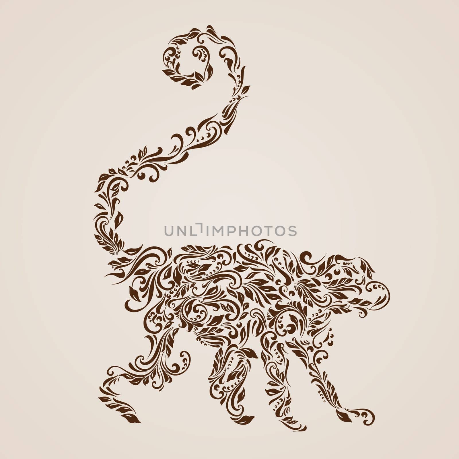 Floral pattern of vines in the shape of a monkey on a beige background