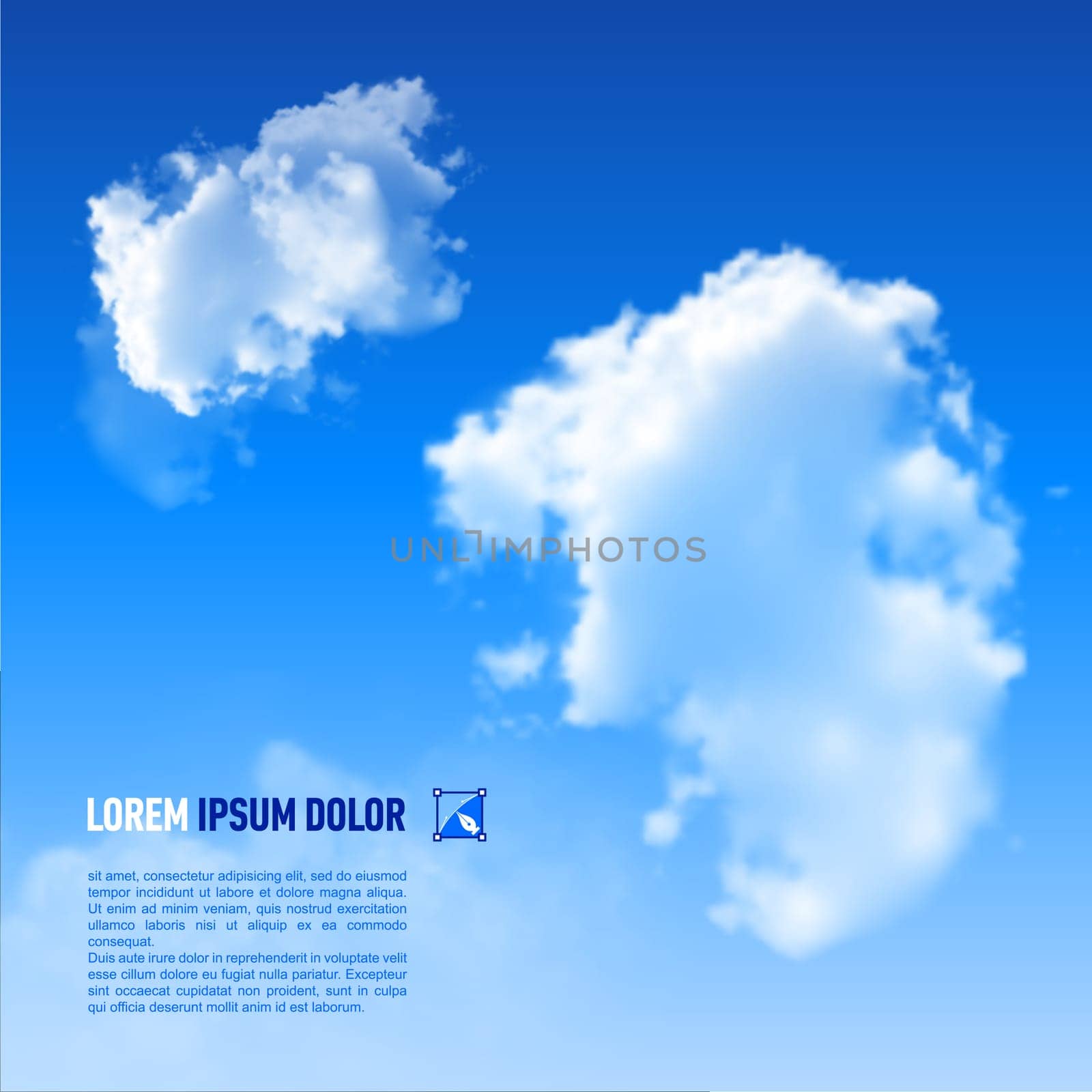 White clouds on  sky blue background. Down text