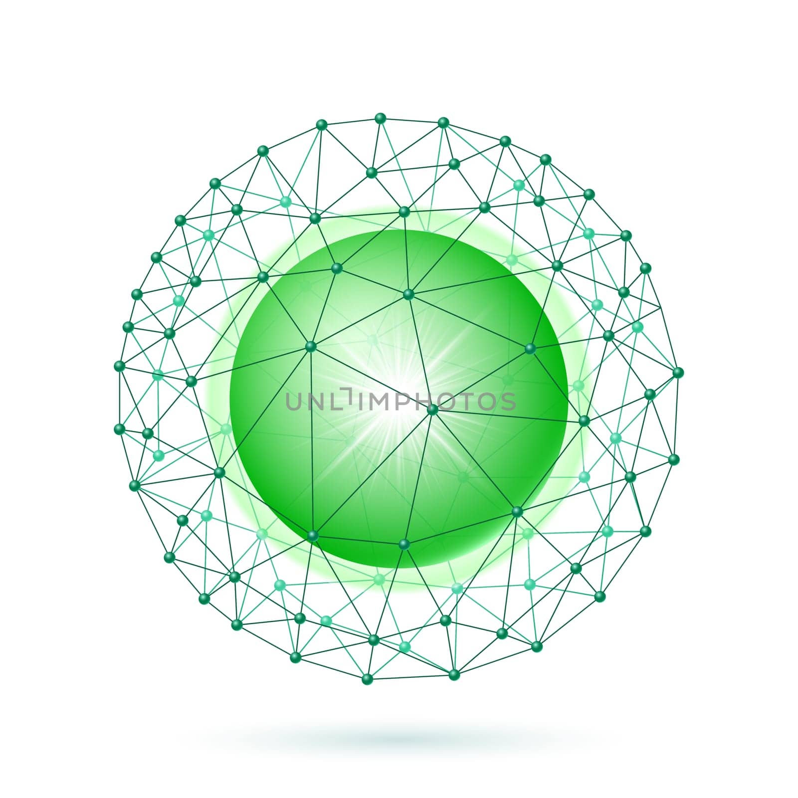 Bright green ball inside the internet grid on a white background