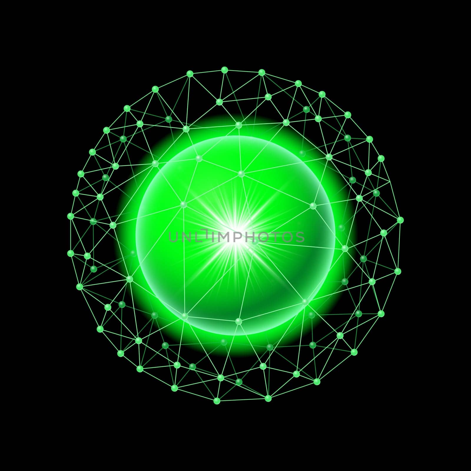 Bright green ball inside the grid on a black background