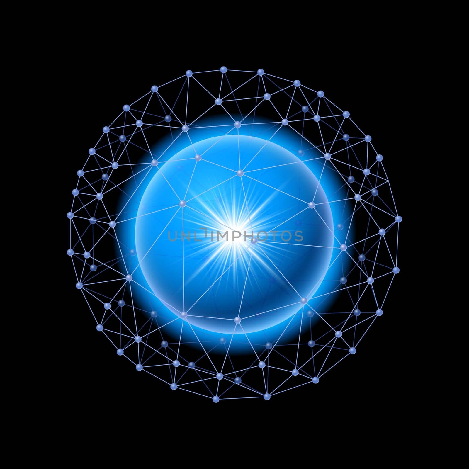 Bright blue ball inside the internet grid on a black background