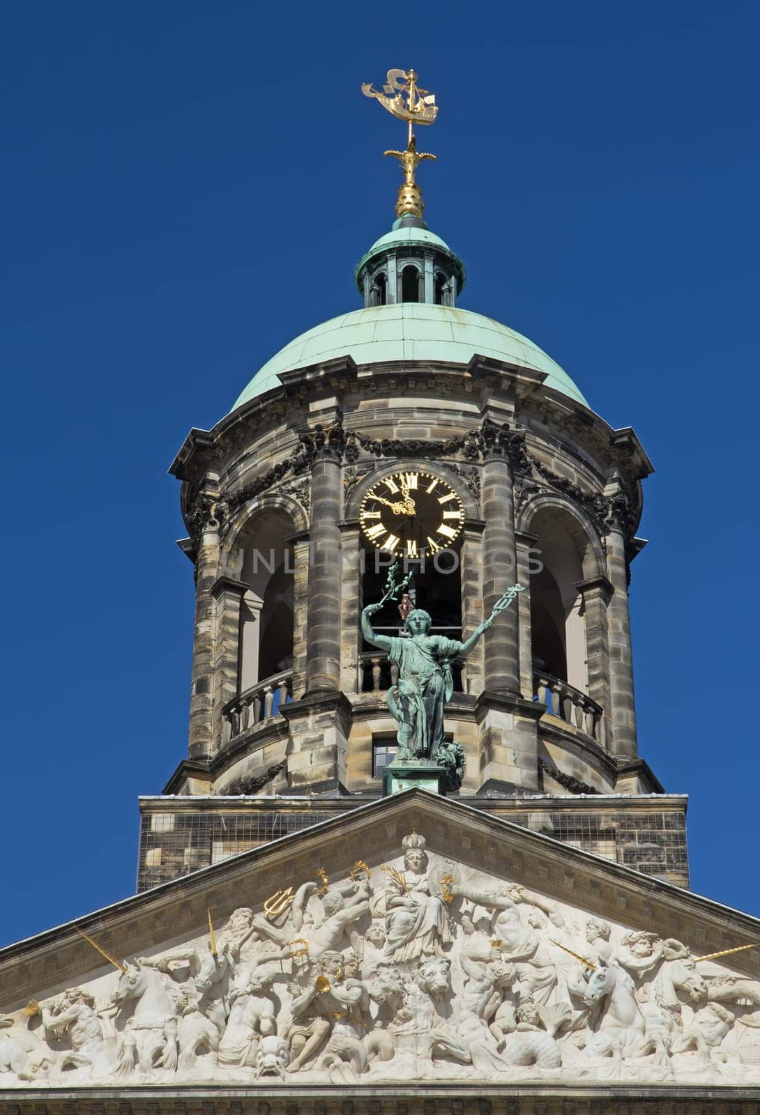 Royal Palace at the Dam Square, Amsterdam. Closeup view of the tower.