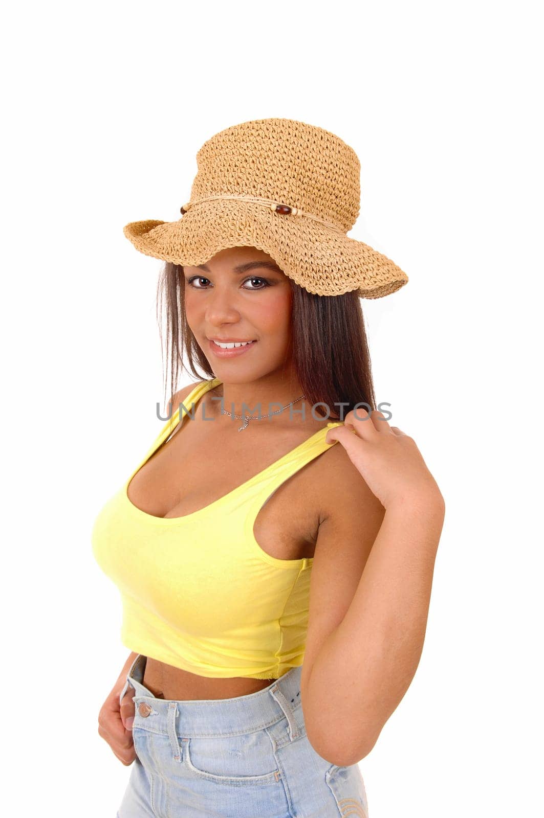 A portrait picture of a young woman wearing a yellow t-shirt an a straw hat,.standing isolated for white background..