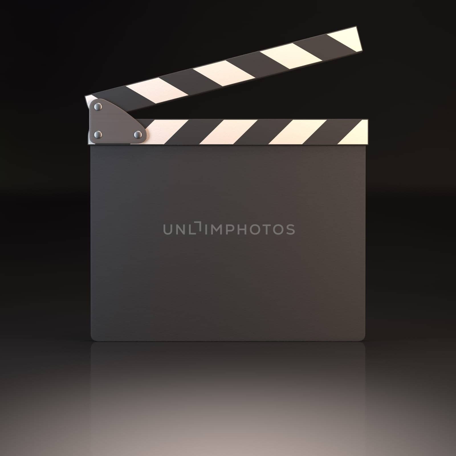 Clapperboard on a black reflective background. Your text or image on the clapperboard.