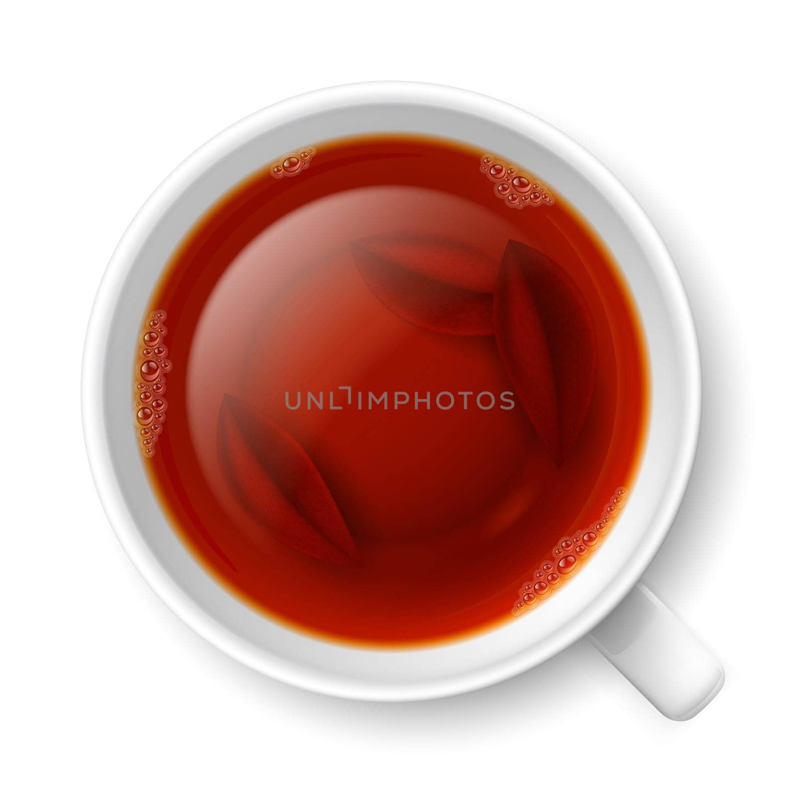 Cup of black tea with tea leaves at the bottom over white background