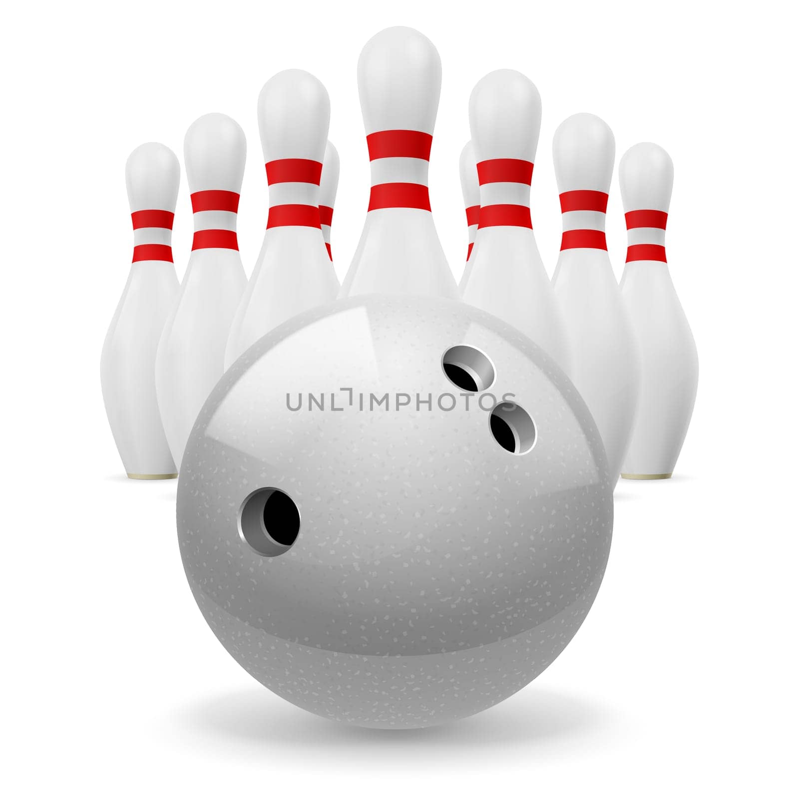 Bowling ball with holes in front. White skittles with red stripes on a white background