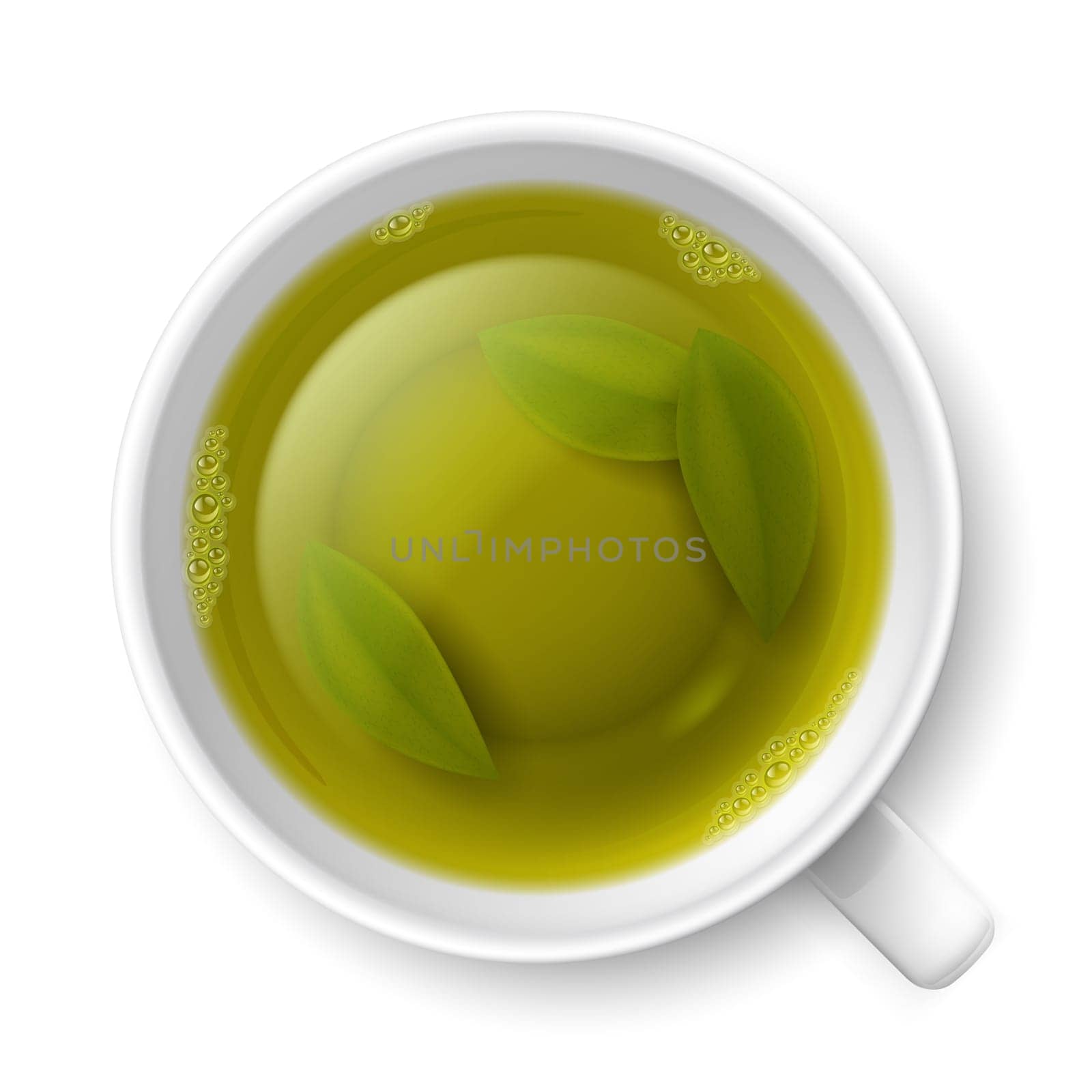 Cup of green tea with tea leaves at the bottom over white background